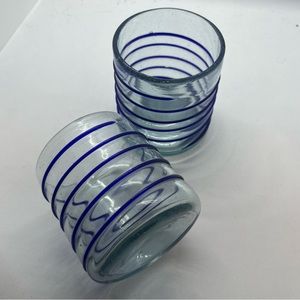 Handblown rock glass pair(2) w/cobalt blue spiral